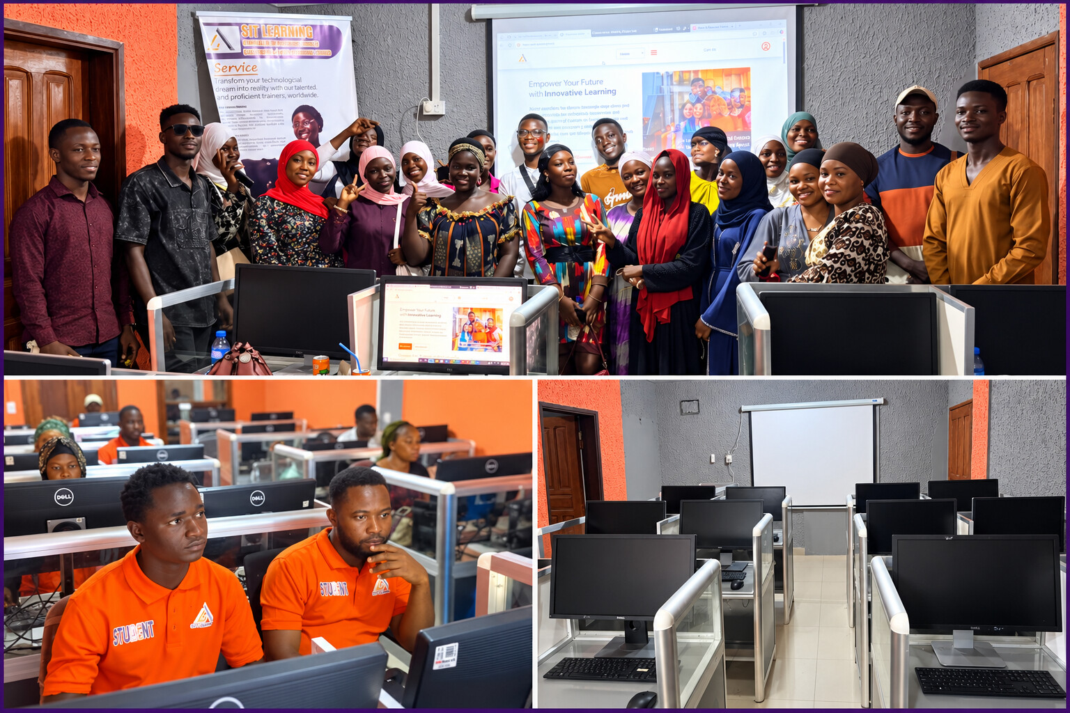 Montage of the SIT Learning community, students at computers and the computer lab in Monrovia.