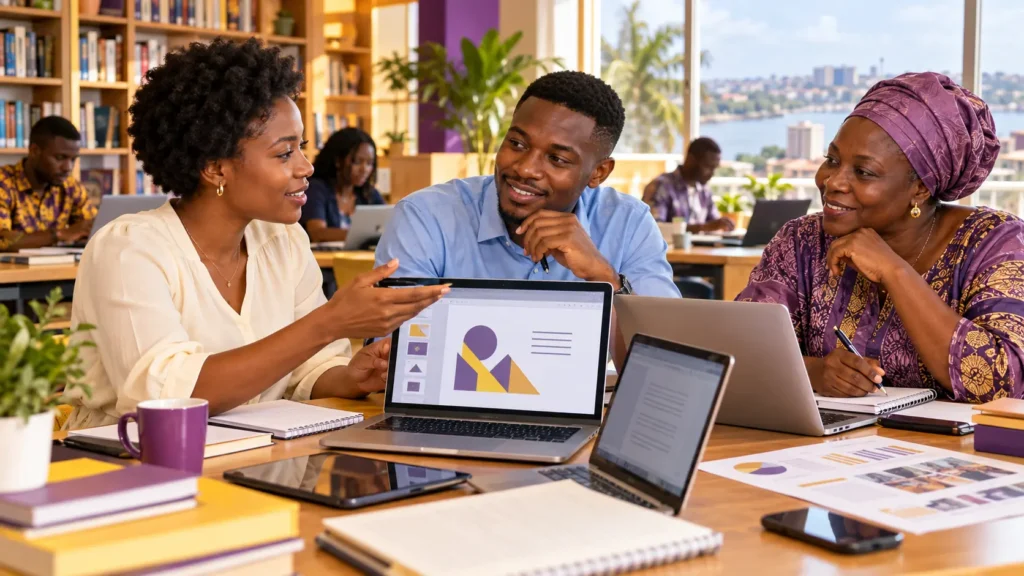 Illustration of adult learners collaborating on documents and a digital presentation.